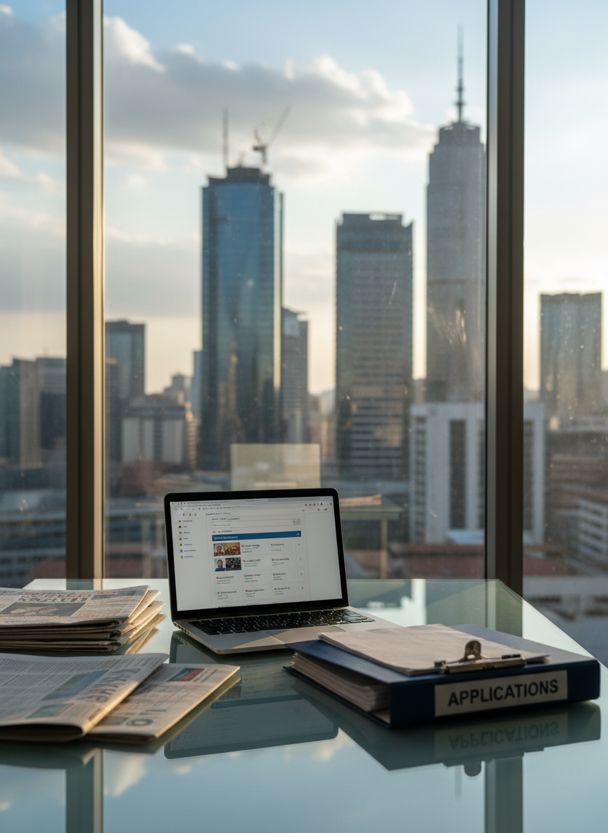 A sleek glass-topped office desk in Nairobi’s Upper Hill skyline, covered with neatly arranged physical newspapers, a silver laptop open to a job listings dashboard, and printed CVs clipped in a navy-blue folder. Outside the floor-to-ceiling window, slightly blurred, rise modern glass-and-steel towers of Kenyan corporate headquarters and banks. Late afternoon natural light pours in, creating crisp reflections on the desk surface and soft shadows along the papers’ edges. Photographic realism with a clean, modern business aesthetic, shot at eye level using the rule of thirds, with a shallow depth of field that keeps the work surface in sharp focus while the cityscape becomes a gentle bokeh, conveying a professional, opportunity-filled atmosphere.