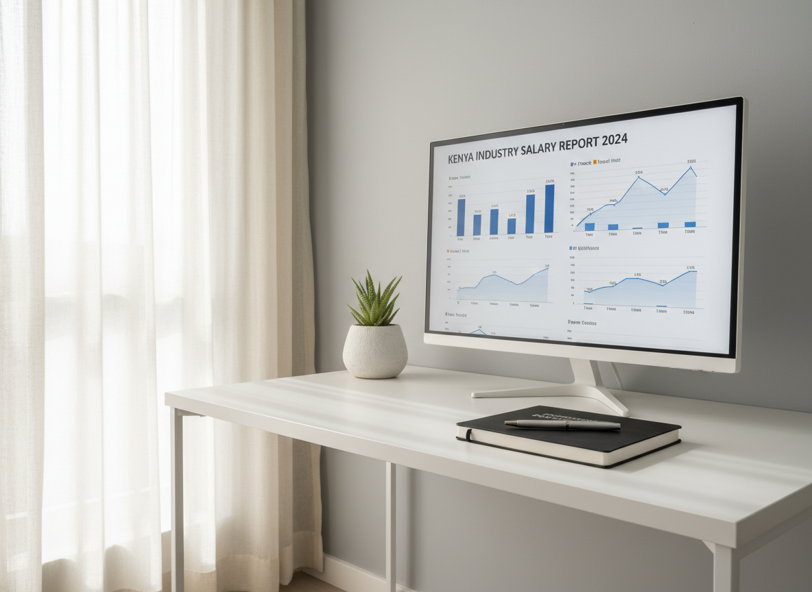 An elegant, minimalistic home workspace in a Nairobi apartment, featuring a slim white desk against a light grey wall, with a large monitor displaying a detailed Kenyan salary comparison chart and industry report. Beside it lies a closed, matte-black notebook embossed with “Professional Development”, a pen resting precisely on top. A small potted African succulent adds a touch of green on the side. Late-morning natural light filters through sheer curtains, diffused and soft, creating a calm, balanced brightness without harsh shadows. Photographic realism, shot from a three-quarter angle with clean lines, ample negative space, and sharp focus throughout, establishing a serene, professional atmosphere ideal for reading career guides and employer news.