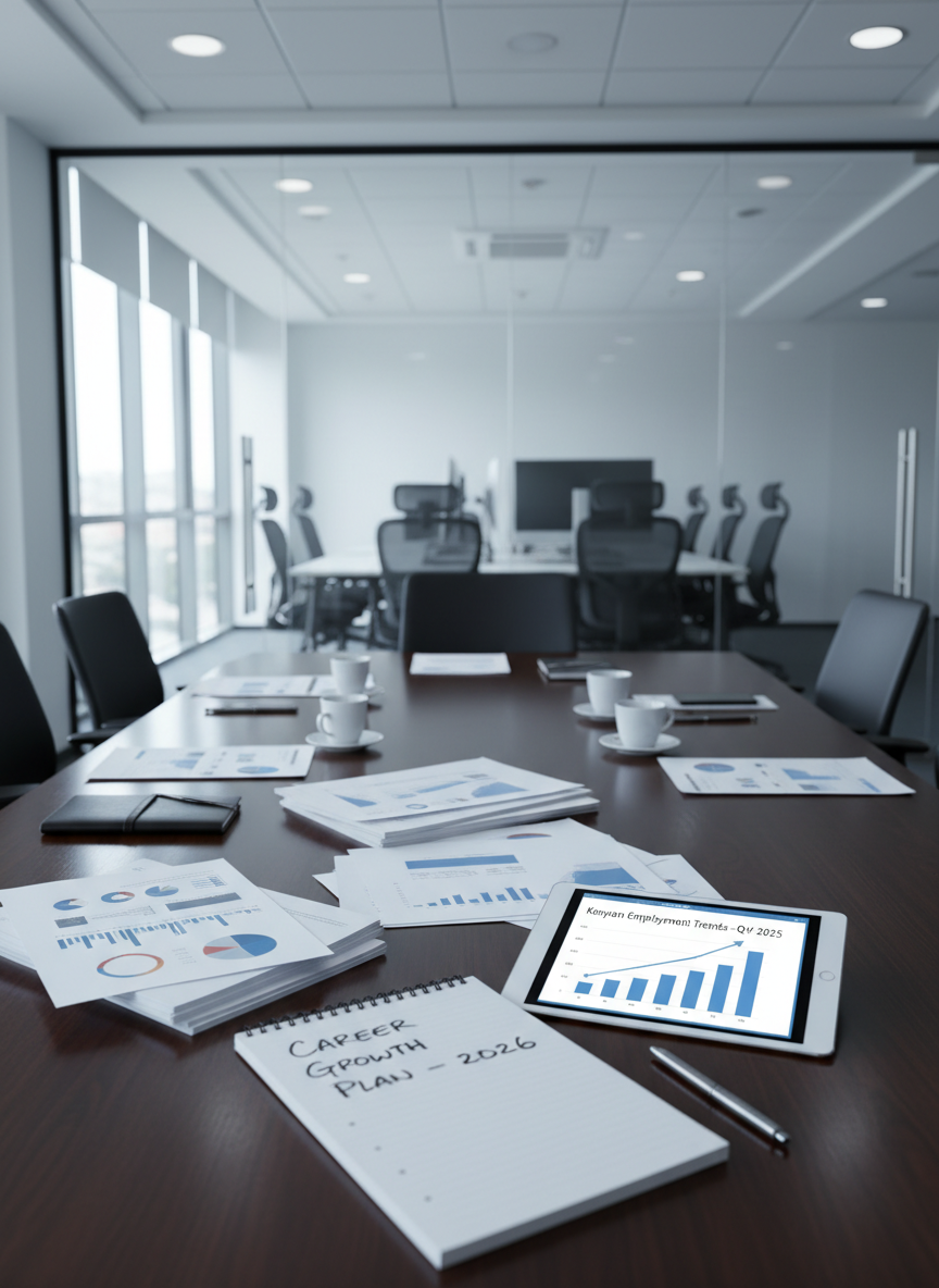 A polished wooden conference table in a contemporary Nairobi co-working space, meticulously laid out with printed business plans, an open spiral-bound notebook titled “Career Growth Plan – 2026”, and a tablet displaying a bar chart of Kenyan employment trends. Along the far wall, glass partitions reveal rows of empty ergonomic chairs and minimalist desks, all slightly out of focus. Cool, diffused daylight streams through large windows, balanced by subtle recessed ceiling lights that cast even, professional illumination. Photographic realism from a slightly elevated angle, sharp focus on the documents while the background gently softens, evoking a calm, strategic, forward-looking mood appropriate for business and career news in Kenya and East Africa.