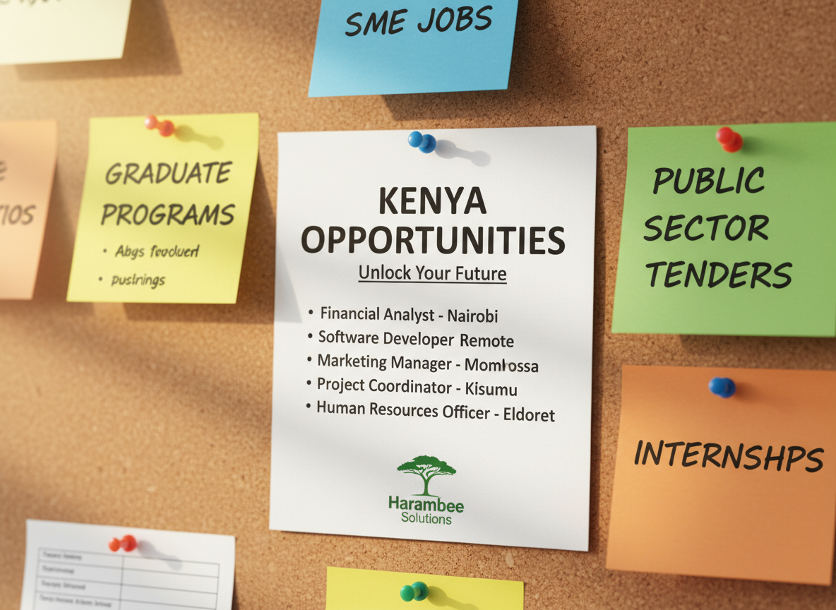 A close-up of a neat, printed job advertisement pinned to a cork bulletin board labeled “Kenya Opportunities”, surrounded by colorful sticky notes with headings like “Graduate Programs”, “SME Jobs”, and “Public Sector Tenders”, all carefully legible yet secondary. The cork texture is warm and slightly rough, contrasting with crisp white paper and deep black ink. Soft morning light from an unseen window grazes the board from the side, creating subtle shadows behind each pinned note. Photographic realism with a centered composition and shallow depth of field that keeps the main job ad razor sharp while the surrounding notes blur gently, conveying an organized, optimistic, information-rich environment focused on recruitment updates.